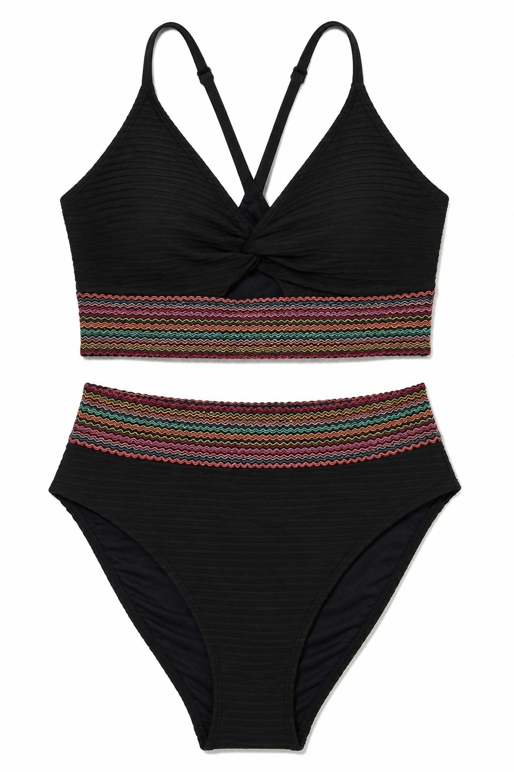 CUPSHE Bikini Damskie Wysoki Stan Czarne Kolorowy Pas Strój Kąpielowy XL — zdjęcie 2