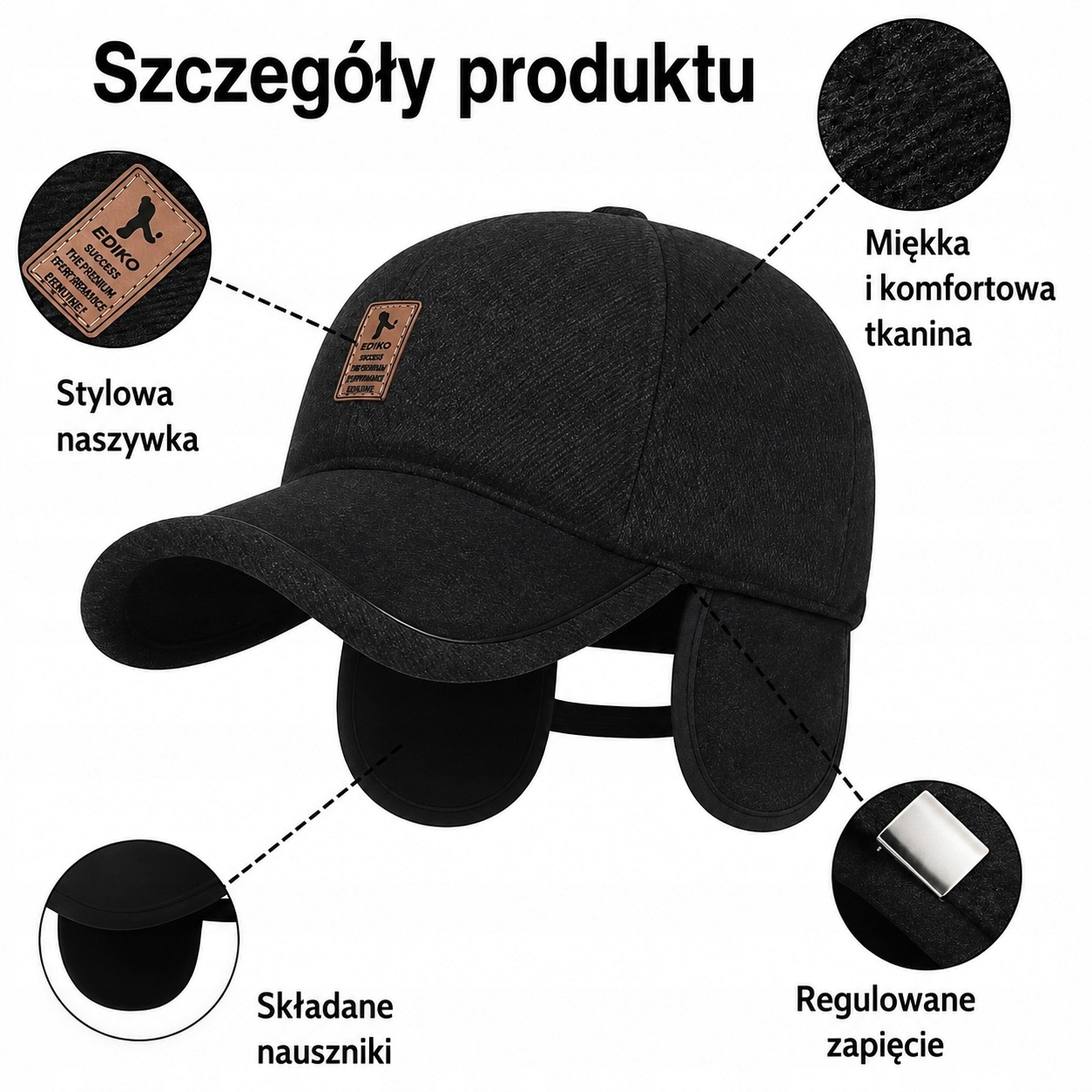 Czapka Zimowa z Nausznikami Regulowana Unisex Ciepła Ocieplana — zdjęcie 8