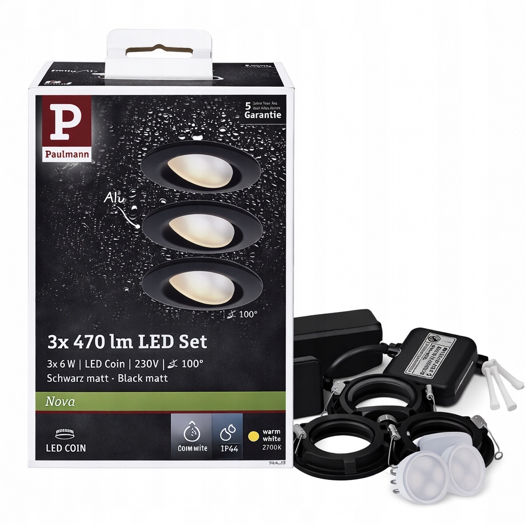 Paulmann Nova LED Set 3x470lm IP44 2700K czarne oczka sufitowe zestaw 230V — zdjęcie 2