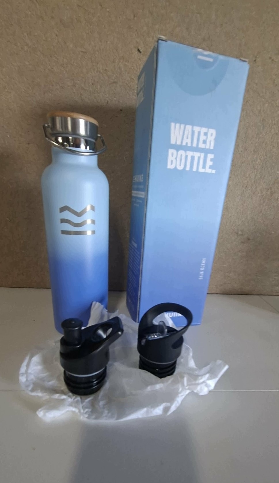HUIIKE Butelka na wodę 750 ml stal nierdzewna 3 korki niebieska — zdjęcie 11
