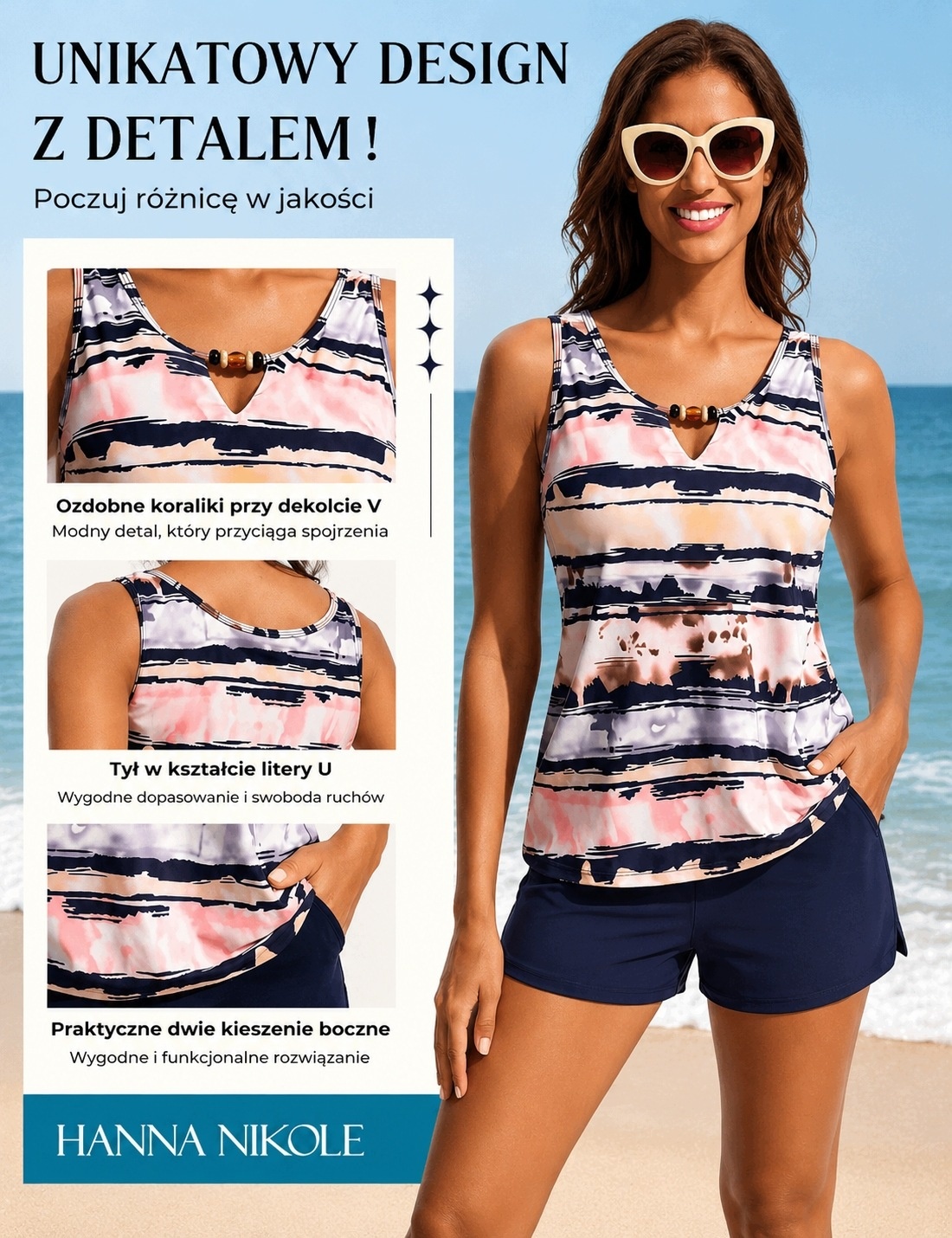 Strój Kąpielowy Tankini Damskie Szorty Modelujące Granatowy Tie Dye S — zdjęcie 4