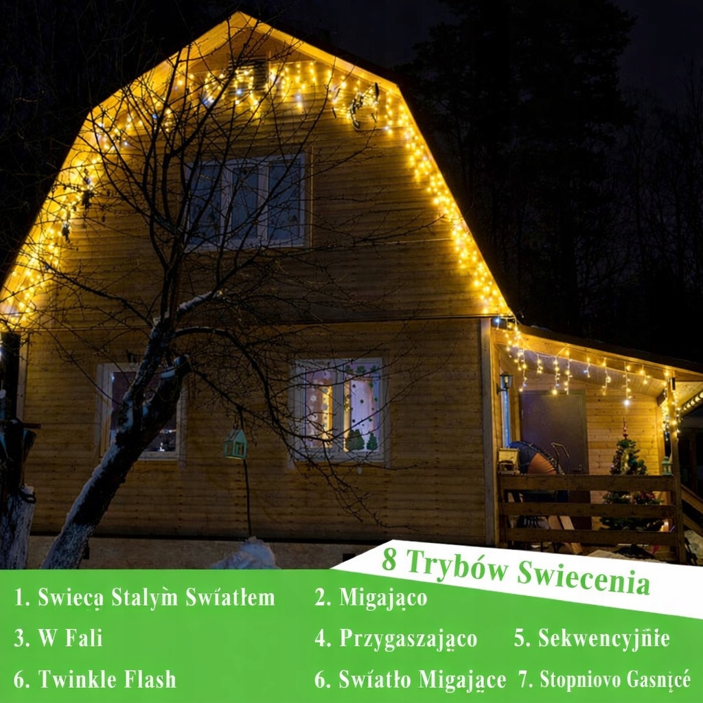 Kurtyna świetlna LED sopelki 8 trybów zewnętrzna IP44 EXTRA 216 lampek 5M — zdjęcie 4