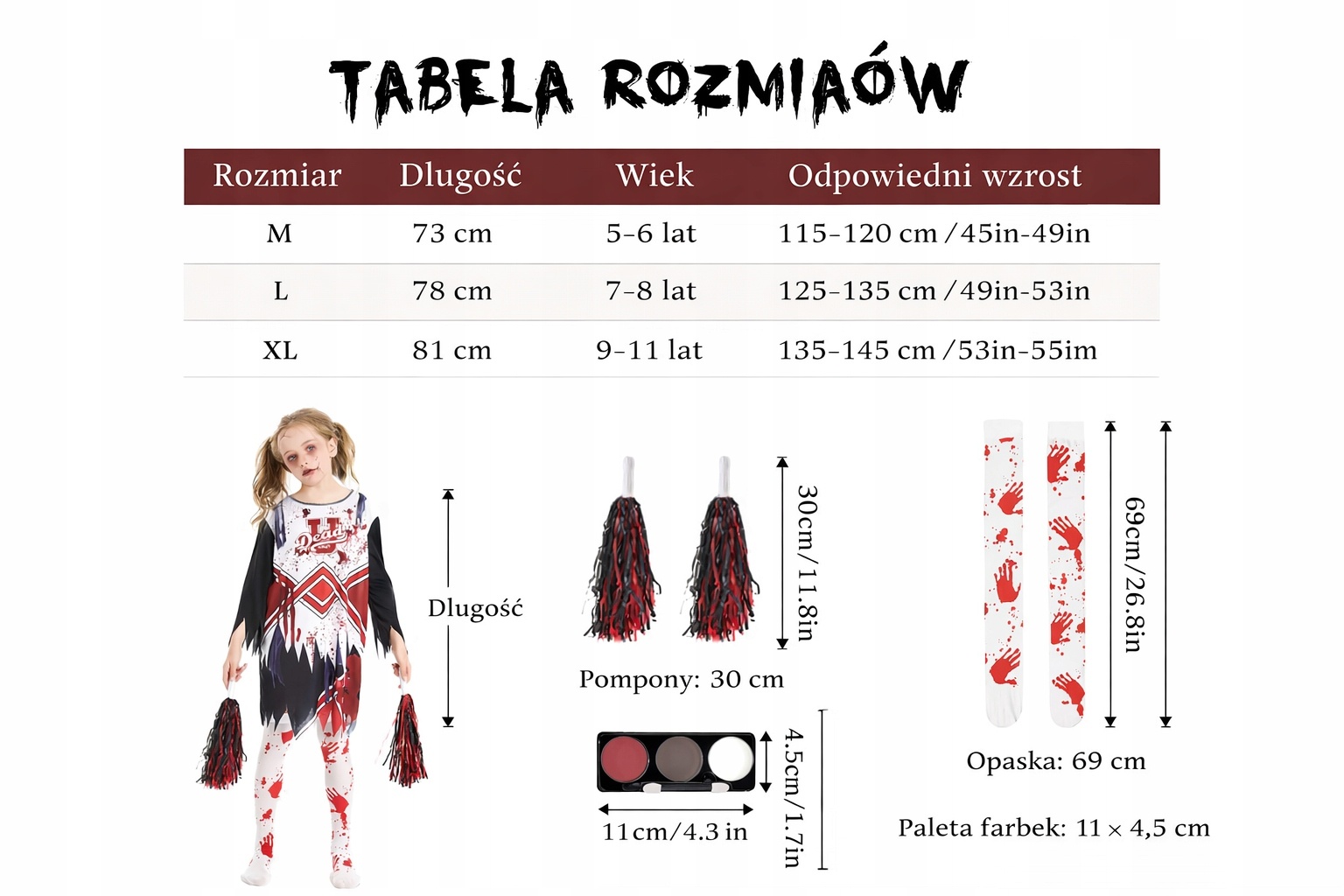 STRÓJ ZOMBIE CHEERLEADER DZIEWCZĘCY KOSTIUM + POMPONY + AKCESORIA roz. M — zdjęcie 6