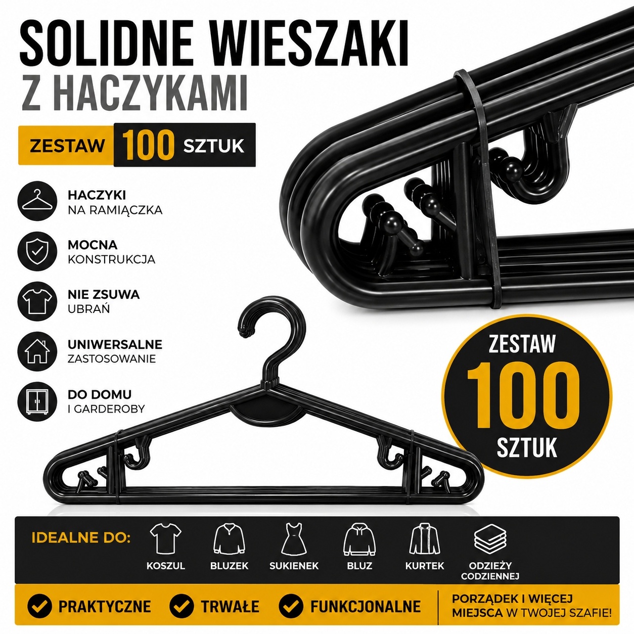 Wieszaki Ubraniowe Plastik Czarne 100 szt. Solidne Uniwersalne z Haczykami — zdjęcie 8