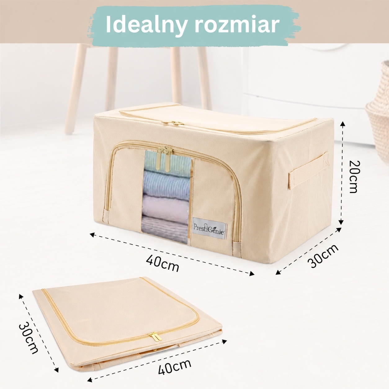 Pojemnik do przechowywania 40 × 30 × 20 cm Składany organizer beżowy — zdjęcie 3