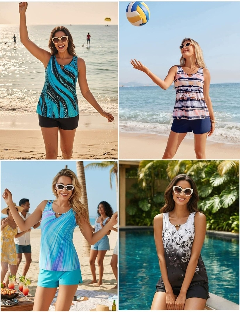 Strój Kąpielowy Tankini Damskie Szorty Modelujące Granatowy Tie Dye S — zdjęcie 3