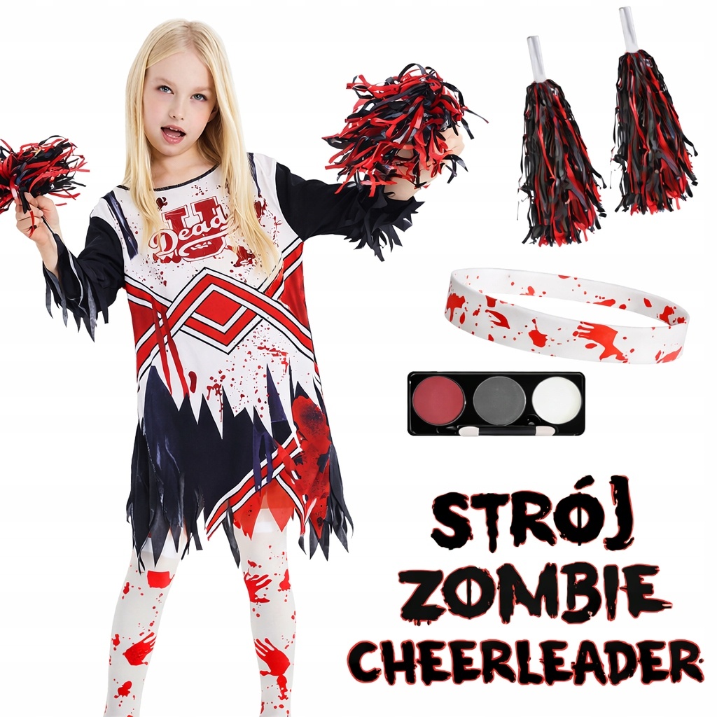 STRÓJ ZOMBIE CHEERLEADER DZIEWCZĘCY KOSTIUM + POMPONY + AKCESORIA roz. M — zdjęcie 2