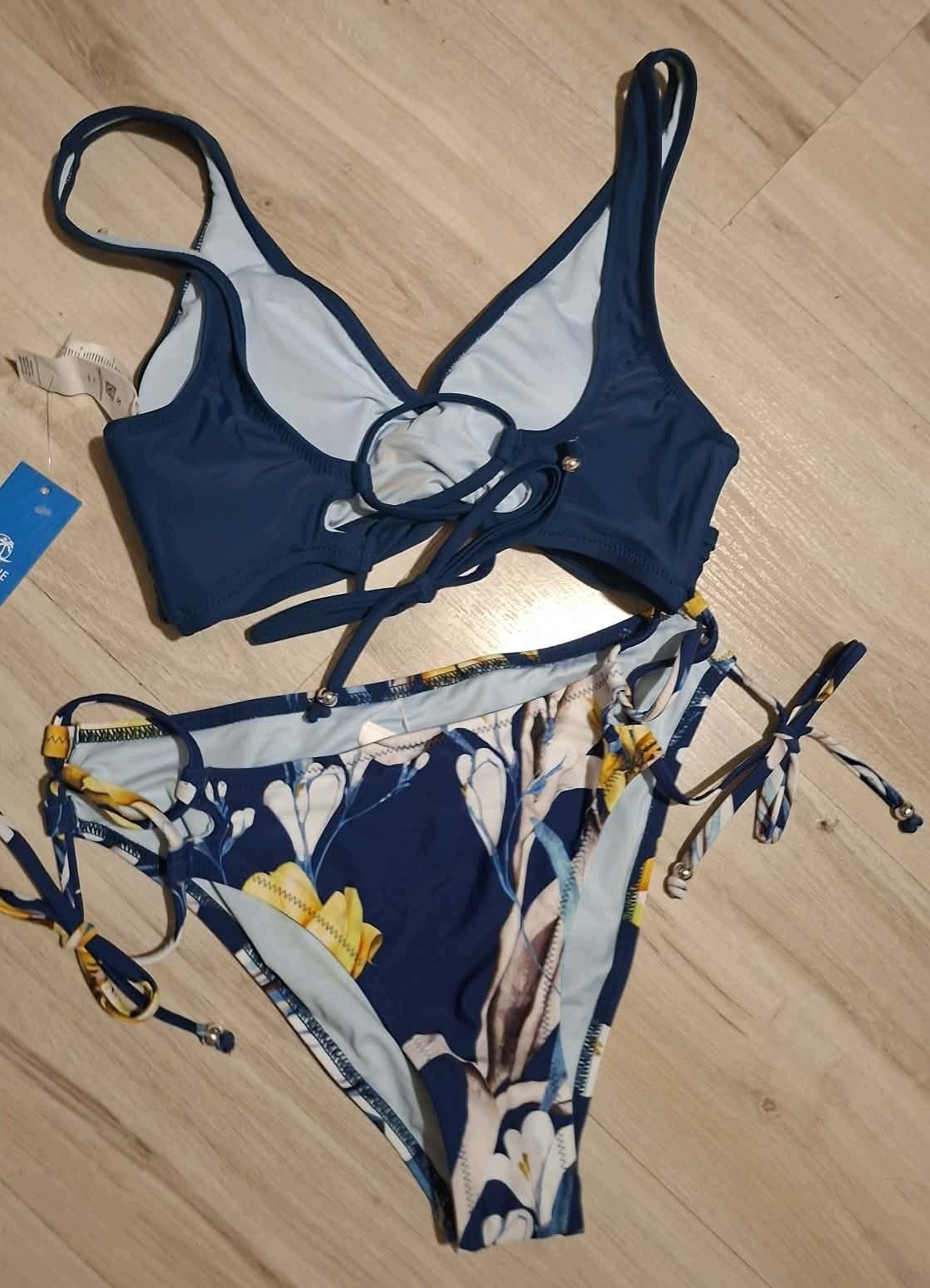 CUPSHE Dwuczęściowy Strój Kąpielowy Damski Bikini Granatowy Kwiaty Rozm. S — zdjęcie 4